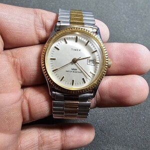 Vintage Timex Mechanical Wind Mens Watch Silver Gold Tone Date Just Working T 33